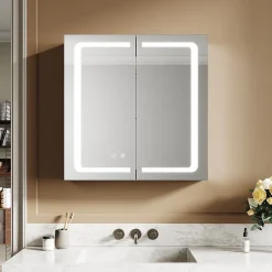 Armoire De Toilette|Sirhona Armoire de toilette en aluminium LED 650 x 650 x 130mm Meuble de rangement pour salle de bain Smart Interrupteurs tactiles
