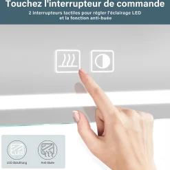 Armoire De Toilette|Sirhona Armoire de toilette en aluminium LED 650 x 650 x 130mm Meuble de rangement pour salle de bain Smart Interrupteurs tactiles
