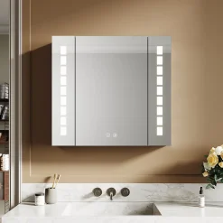 Sirhona Armoire de toilette en Aluminium Miroir multi-surfaces 65x60 cm Interrupteur tactile LED + Anti-buée + Prise rasoir