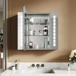 Sirhona Armoire de toilette en Aluminium Miroir multi-surfaces 65x60 cm Interrupteur tactile LED + Anti-buée + Prise rasoir