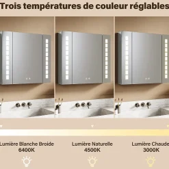 Sirhona Armoire de toilette en Aluminium Miroir multi-surfaces 65x60 cm Interrupteur tactile LED + Anti-buée + Prise rasoir