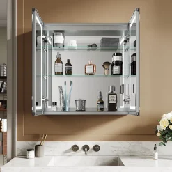 Sirhona Armoire de toilette en Aluminium Miroir multi-surfaces 65x65 cm Interrupteur tactile LED + Anti-buée + Prise rasoir