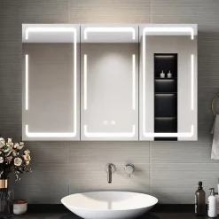 Armoire De Toilette|Meuble De Salle De Bains Faible Profondeur|Sirhona Armoire de toilette LED Blanc 90x60cm avec 3 porte Miroir de salle de bain avec armoire de rangement