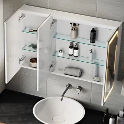 Armoire De Toilette|Meuble De Salle De Bains Faible Profondeur|Sirhona Armoire de toilette LED Blanc 90x60cm avec 3 porte Miroir de salle de bain avec armoire de rangement