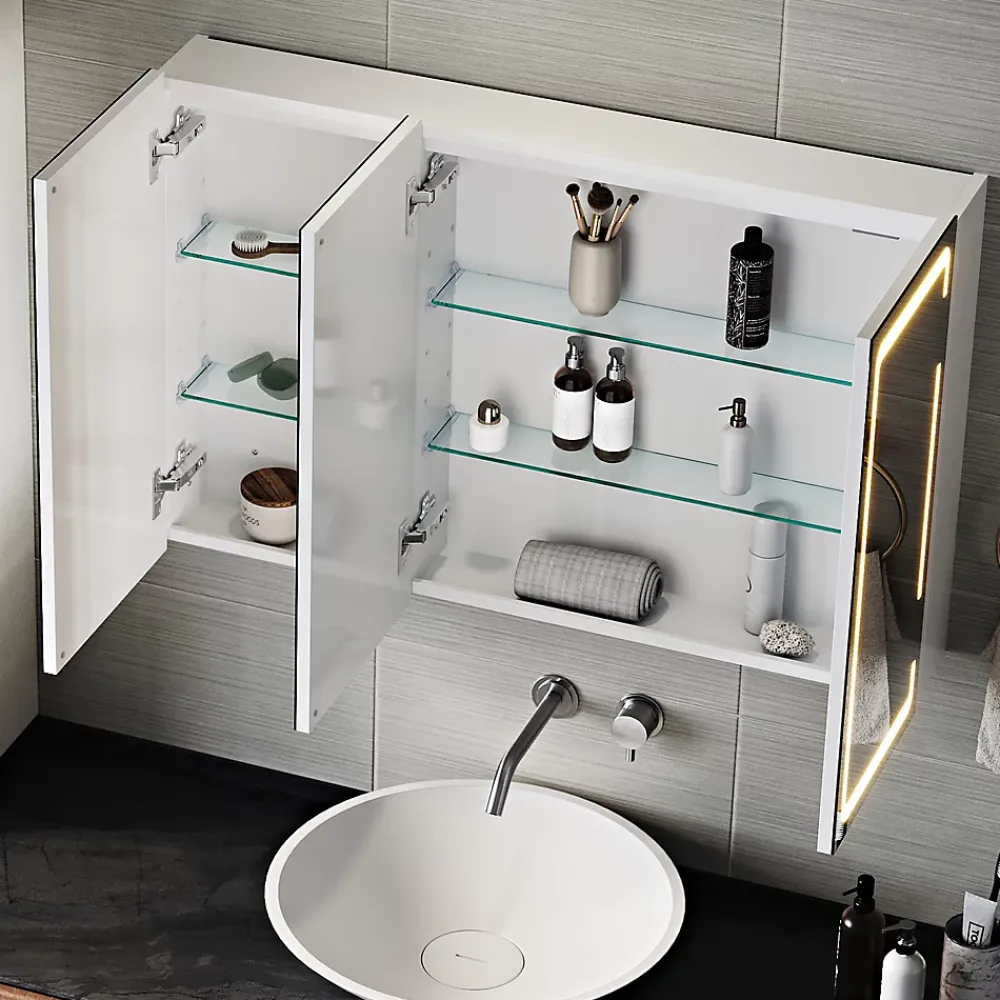 Armoire De Toilette|Meuble De Salle De Bains Faible Profondeur|Sirhona Armoire de toilette LED Blanc 90x60cm avec 3 porte Miroir de salle de bain avec armoire de rangement
