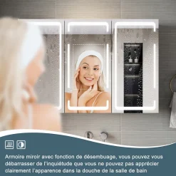 Armoire De Toilette|Meuble De Salle De Bains Faible Profondeur|Sirhona Armoire de toilette LED Blanc 90x60cm avec 3 porte Miroir de salle de bain avec armoire de rangement