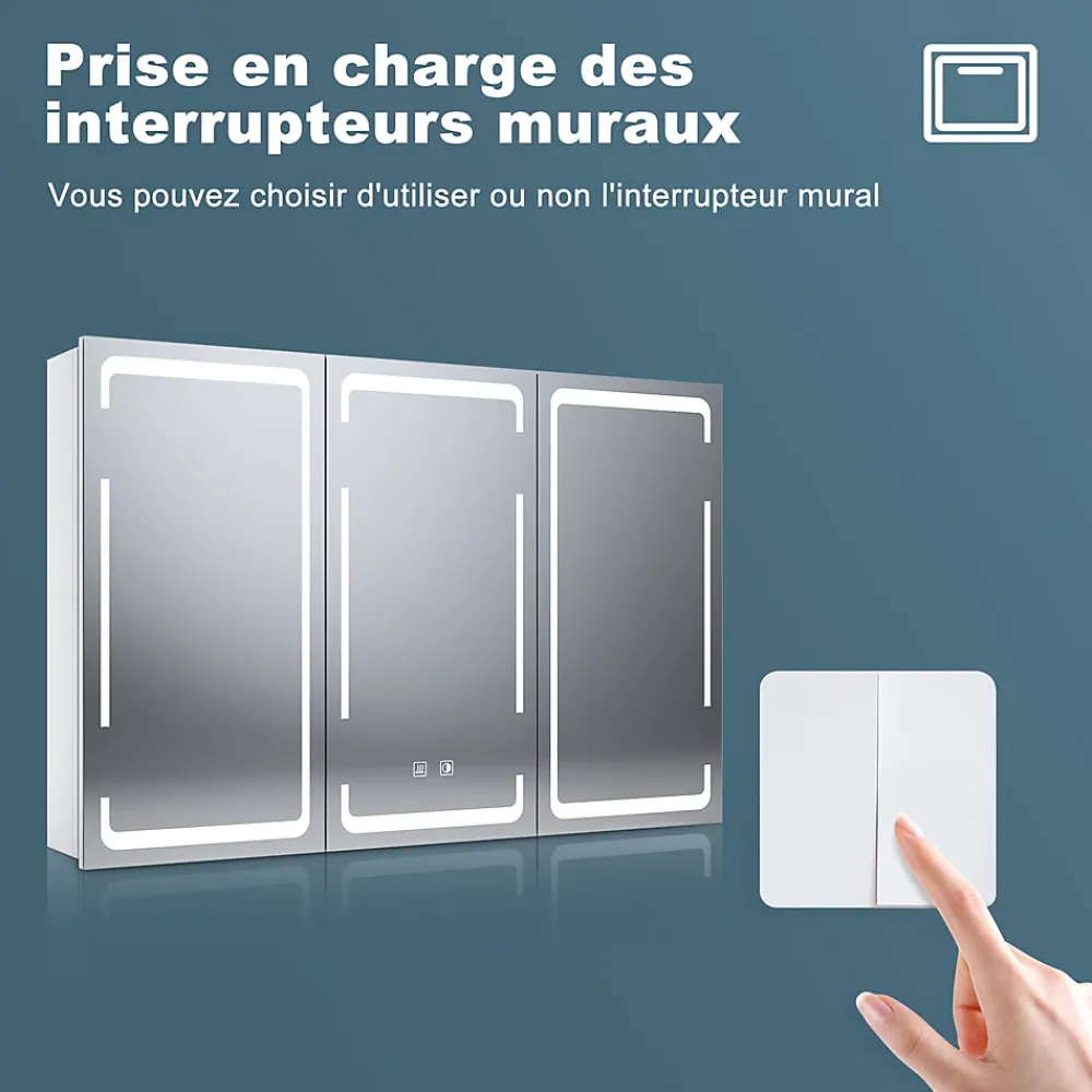 Armoire De Toilette|Meuble De Salle De Bains Faible Profondeur|Sirhona Armoire de toilette LED Blanc 90x60cm avec 3 porte Miroir de salle de bain avec armoire de rangement
