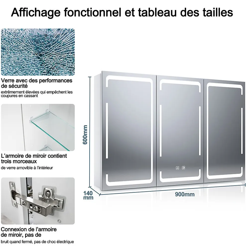 Armoire De Toilette|Meuble De Salle De Bains Faible Profondeur|Sirhona Armoire de toilette LED Blanc 90x60cm avec 3 porte Miroir de salle de bain avec armoire de rangement
