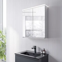 Armoire De Toilette|Bernstein Armoire de toilette MFC 2 portes miroirs, éclairage LED, prise de courant intérieure + 2 tablettes verre, 60x71x19cm (LxHxP), VARO
