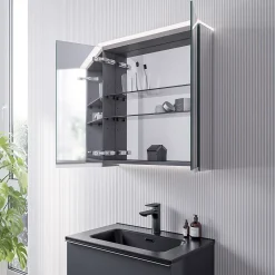 Armoire De Toilette|Bernstein Armoire de toilette MFC 2 portes miroirs, éclairage LED, prise de courant intérieure + 2 tablettes verre, 60x71x19cm (LxHxP), VARO