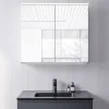 Armoire De Toilette|Bernstein Armoire de toilette MFC 2 portes miroirs, éclairage LED, prise de courant intérieure + 2 tablettes verre, 80x71x19cm (LxHxP), VARO