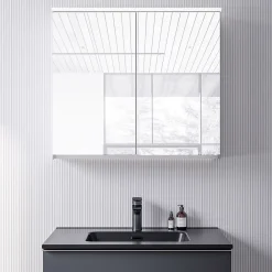 Armoire De Toilette|Bernstein Armoire de toilette MFC 2 portes miroirs, éclairage LED, prise de courant intérieure + 2 tablettes verre, 80x71x19cm (LxHxP), VARO