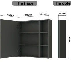 AICA Sanitaire Armoire de Toilette Mural avec Miroir Niches Intégrées et Rangement Fermé - Moderne, Anthracite, 80x70 cm,