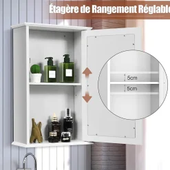 Armoire De Salle De Bains|Giantex Armoire de Toilette Murale Meuble Mural Salle de Bain en MDF Pente NC avec 1 Porte et Miroir Etagere de Rangement Blanche