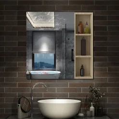 AICA Sanitaire Armoire de Toilette Mural avec Miroir Niches Intégrées et Rangement Fermé - Moderne,Chêne, 70x70 cm,