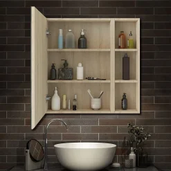 AICA Sanitaire Armoire de Toilette Mural avec Miroir Niches Intégrées et Rangement Fermé - Moderne,Chêne, 70x70 cm,