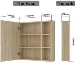 AICA Sanitaire Armoire de Toilette Mural avec Miroir Niches Intégrées et Rangement Fermé - Moderne,Chêne, 70x70 cm,