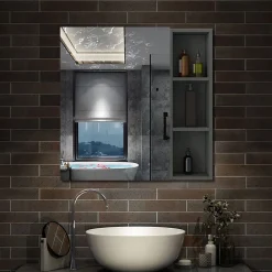 Armoire De Toilette|AICA Sanitaire Armoire de Toilette Mural avec Miroir Niches Intégrées et Rangement Fermé - Moderne, Anthracite, 70x70 cm,