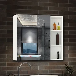 Armoire De Toilette|AICA Sanitaire Armoire de Toilette Mural avec Miroir Niches Intégrées et Rangement Fermé - Moderne, Blanc, 70x70 cm,
