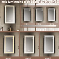 Sirhona Armoire de toilette 60x75cm + Interrupteur tactile + LED température 3 couleurs + Anti-buée + Prise rasoir