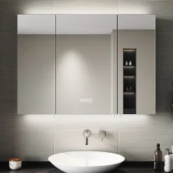 Sirhona Armoire de toilette Extra Large Miroir 90x65 cm + Grand Rangement + Température LED tricolore + Anti-buée + Prise rasoir
