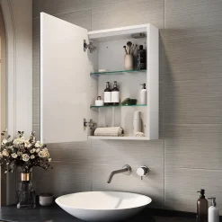 Sirhona Armoire de toilette miroir de salle de bain avec lumière LED 3 couleurs,38x60cm, meuble de rangement blanc anti-buée