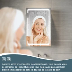 Sirhona Armoire de toilette miroir de salle de bain avec lumière LED 3 couleurs,38x60cm, meuble de rangement blanc anti-buée