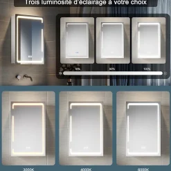 Sirhona Armoire de toilette miroir de salle de bain avec lumière LED 3 couleurs,38x60cm, meuble de rangement blanc anti-buée