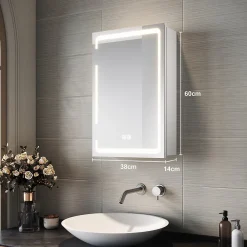 Sirhona Armoire de toilette miroir de salle de bain avec lumière LED 3 couleurs,38x60cm, meuble de rangement blanc anti-buée