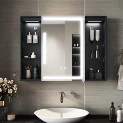 Armoire De Toilette|Sirhona Armoire de toilette Grand Rangement 60x75 cm + Interrupteur tactile + Température LED tricolore + Anti-buée + Prise rasoir