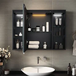 Armoire De Toilette|Sirhona Armoire de toilette Grand Rangement 60x75 cm + Interrupteur tactile + Température LED tricolore + Anti-buée + Prise rasoir