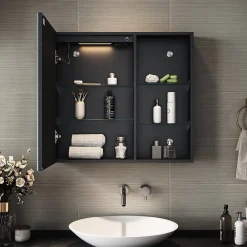 Armoire De Toilette|Sirhona Armoire de toilette Etagère de Rangement 65x60cm+Touch+LED Température Tri-Couleur+ Anti-buée+Prise rasoir