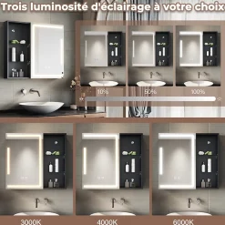 Armoire De Toilette|Sirhona Armoire de toilette Etagère de Rangement 65x60cm+Touch+LED Température Tri-Couleur+ Anti-buée+Prise rasoir