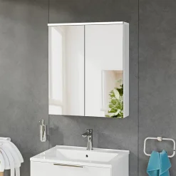 Armoire De Toilette|Bernstein Armoire de toilette suspendue Blanc mat 60x18x70cm (LxPxH) 2 portes miroir, éclairage LED, tablettes en verre - SOLO