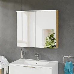Bernstein Armoire de toilette suspendue Chêne miel 80x18x70cm (LxPxH) 2 portes miroir, éclairage LED, tablettes en verre - SOLO