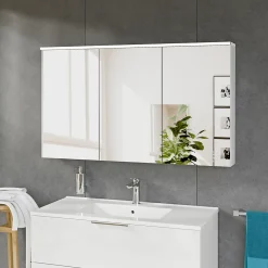Armoire De Toilette|Bernstein Armoire de toilette suspendue Blanc mat 120x18x70cm (LxPxH) 2 portes miroir, éclairage LED, tablettes en verre - SOLO