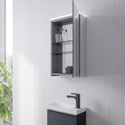 Bernstein Armoire de toilette suspendue miroir 40x19x71cm (LxPxH), charnière à droite, éclairage LED, tablettes en verre - VARO