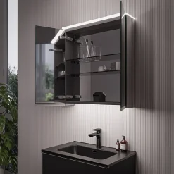 Bernstein Armoire de toilette suspendue miroir 40x19x71cm (LxPxH), charnière à droite, éclairage LED, tablettes en verre - VARO