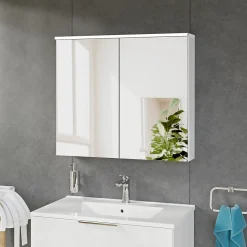 Armoire De Toilette|Bernstein Armoire de toilette suspendue Blanc mat 80x18x70cm (LxPxH) 2 portes miroir, éclairage LED, tablettes en verre - SOLO