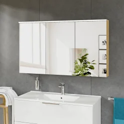 Armoire De Toilette|Bernstein Armoire de toilette suspendue Chêne miel 120x18x70cm (LxPxH) 2 portes miroir, éclairage LED, tablettes en verre - SOLO