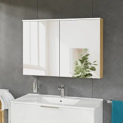 Bernstein Armoire de toilette suspendue Anthracite mat 100x18x70cm (LxPxH) 2 portes miroir, éclairage LED, tablettes en verre - SOLO