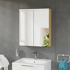 Armoire De Toilette|Bernstein Armoire de toilette suspendue Chêne miel 60x18x70cm (LxPxH) 2 portes miroir, éclairage LED, tablettes en verre - SOLO