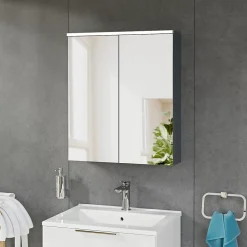 Bernstein Armoire de toilette suspendue Anthracite mat 60x18x70cm (LxPxH) 2 portes miroir, éclairage LED, tablettes en verre - SOLO