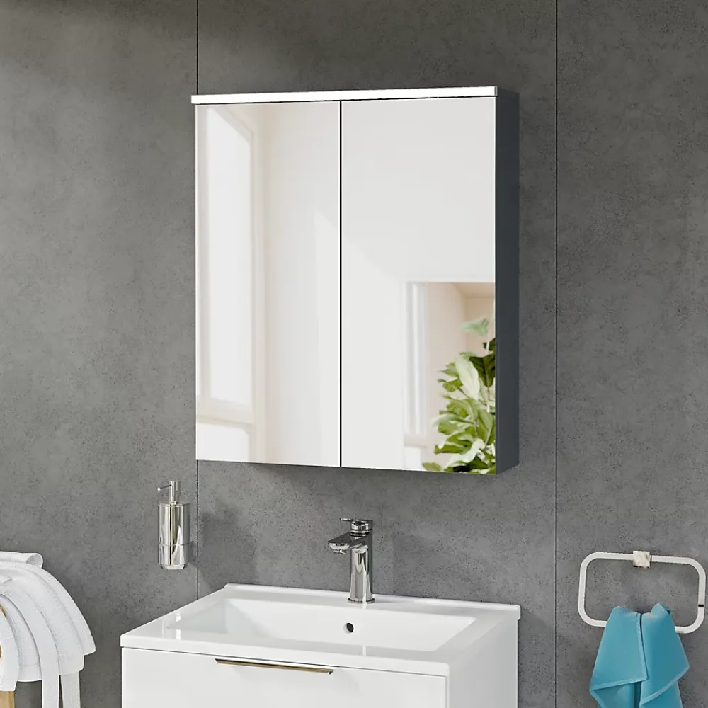 Bernstein Armoire de toilette suspendue Anthracite mat 60x18x70cm (LxPxH) 2 portes miroir, éclairage LED, tablettes en verre - SOLO