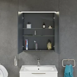 Bernstein Armoire de toilette suspendue Anthracite mat 60x18x70cm (LxPxH) 2 portes miroir, éclairage LED, tablettes en verre - SOLO