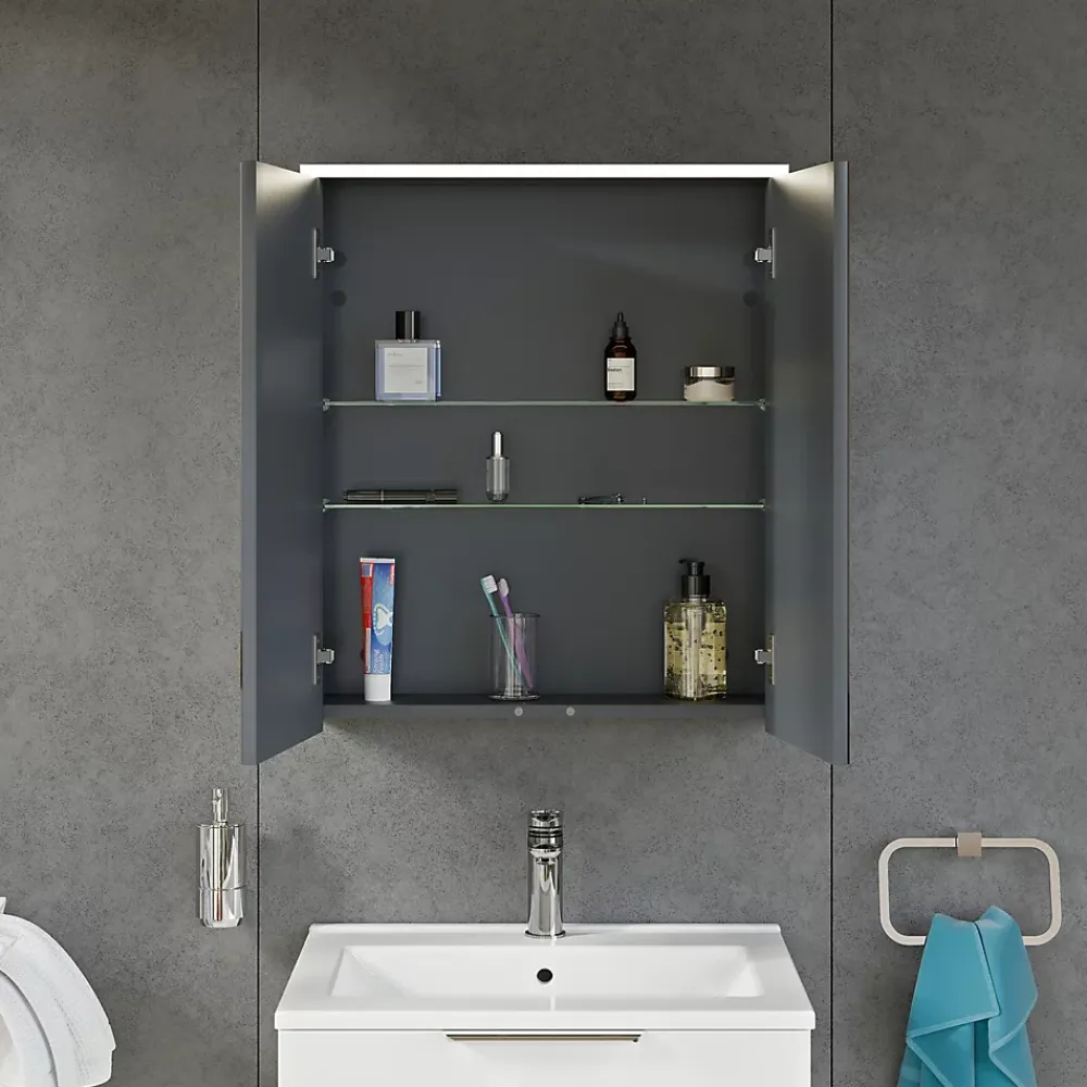 Bernstein Armoire de toilette suspendue Anthracite mat 60x18x70cm (LxPxH) 2 portes miroir, éclairage LED, tablettes en verre - SOLO