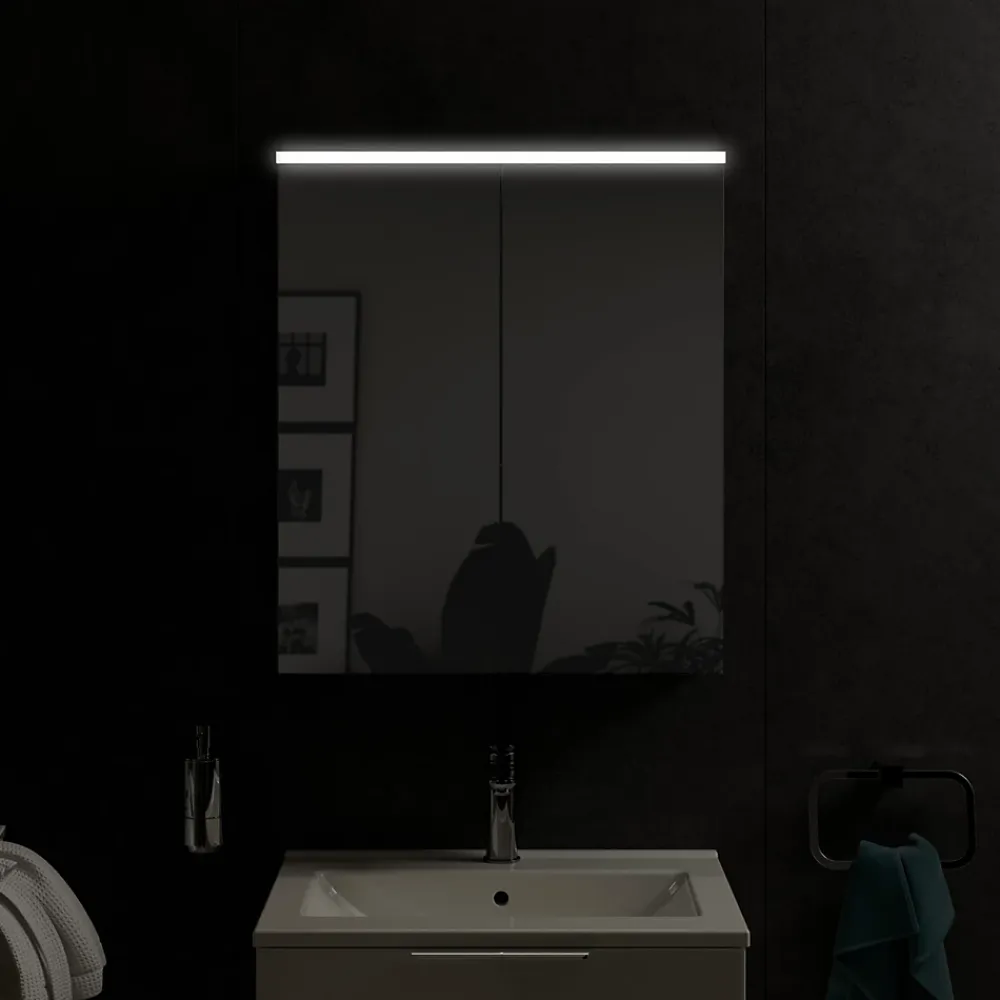 Bernstein Armoire de toilette suspendue Anthracite mat 60x18x70cm (LxPxH) 2 portes miroir, éclairage LED, tablettes en verre - SOLO