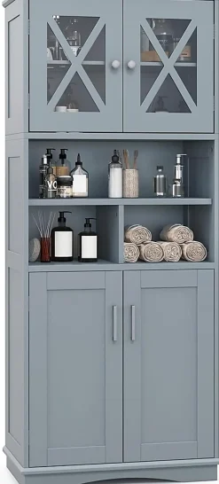 Armoire De Salle De Bains|Giantex Armoire Haute de Salle de Bain Armoire de Rangement Autoportante avec 2 Placards à Portes Étagères Réglables Gris