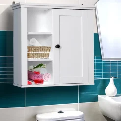 Homcom Armoire haute murale de salle de bain ou WC placard 1 porte 3 niches dim. 53L x 14,5l x 50,5H cm MDF panneaux particules blanc