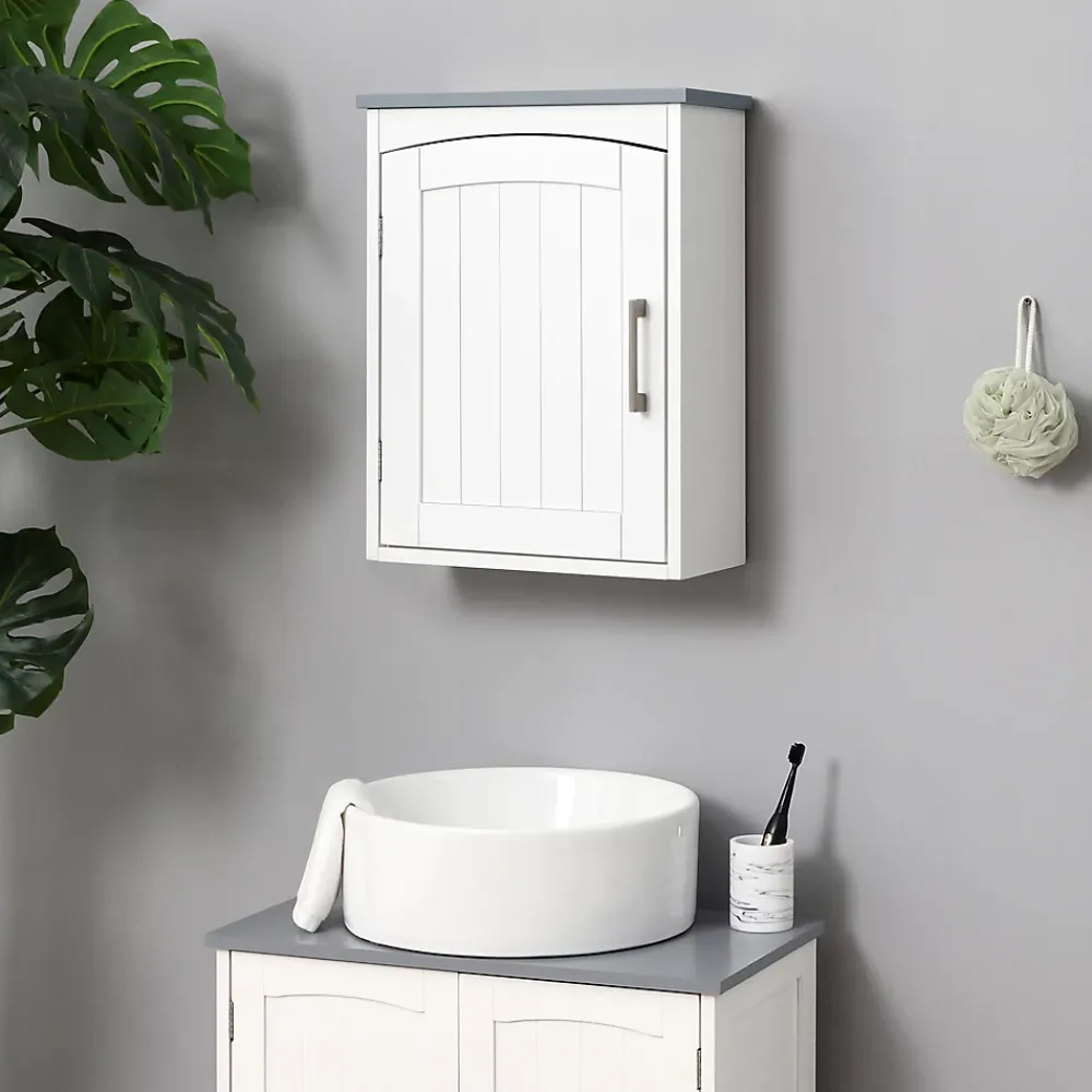 Armoire De Salle De Bains|kleankin Armoire haute murale de salle de bain ou WC - placard porte avec étagère réglable - dim. 41L x 18l x 52H cm - MDF blanc gris